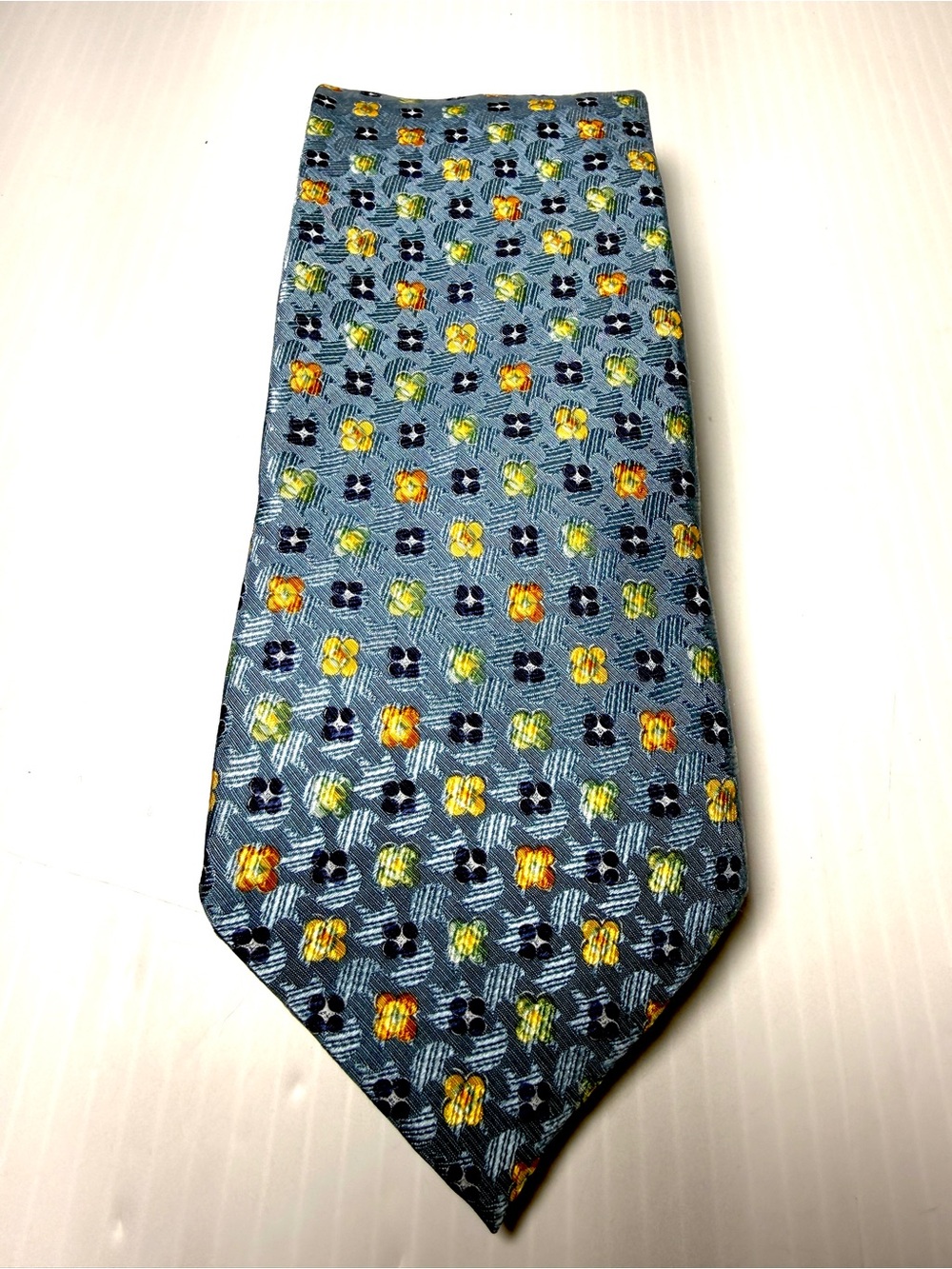 Ermenegildo Zegna Blue Floral-Pattern Silk Tie with Yellow Accents